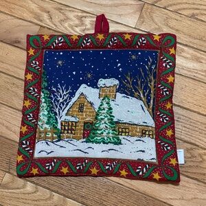 New Charming Holiday Quilty Cushion Decor Square with Snowy Winter Cottage Scene